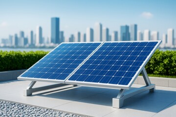 Aufkleber - Solar panel system installed on rooftop with city skyline in background under bright daylight illustrating clean energy technology concept.