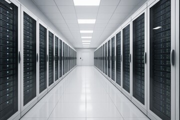 Poster - Futuristic data center corridor with symmetrical server racks and bright ceiling light panels in a clean technology environment concept background.
