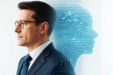 Poster - Businessman in suit with AI digital human circuit profile on light background representing artificial intelligence and tech innovation concept.