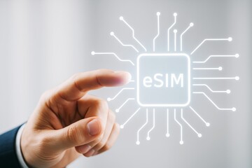 Poster - Futuristic eSIM chip concept with glowing circuit lines and human hand interacting on a modern light technology background. Ai generative.