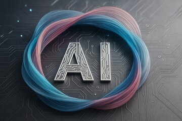 Poster - AI circuit letters surrounded by colorful abstract swirl on dark technology background with glowing light elements and futuristic creative style.