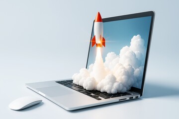 Poster - Rocket launching from laptop screen with smoke clouds on light background symbolizing tech startup and business innovation success concept.
