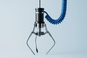 Poster - Mechanical claw machine grabber with blue coiled cable, isolated on light background, showcasing technology concept in abstract style.