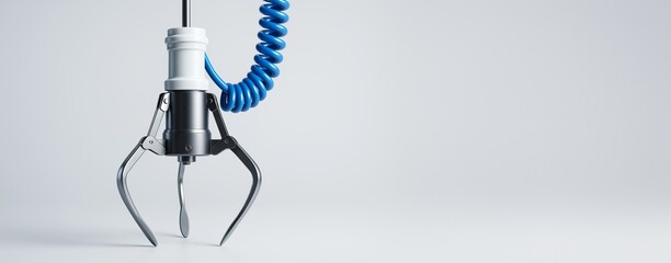 Poster - Metal robotic claw with blue coiled cable hanging on light background, clean mockup design for technology or business template concepts.
