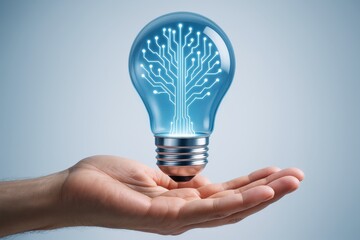 Poster - Glowing digital circuit tree inside light bulb floating above hand on blue background, symbolizing innovation and futuristic business technology.