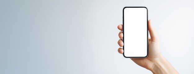 Poster - Hand holding smartphone with blank screen on clean light background for tech mockup or advertising template concept poster design. Ai generative.