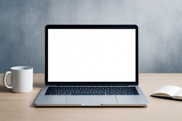 Poster - Laptop with blank white screen on wooden desk, coffee mug and notebook beside, minimal workspace scene with copy space for business design template.