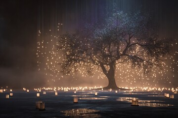 Poster - The background is filled with white, glowing lights that create an ethereal atmosphere. In front of it stands a lone oak tree surrounded by small white lanterns. This image symbolizes technology's