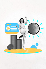 Poster - Pop creative collage of person raise fists up win with coin credit card on white color background