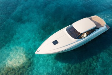 Poster - Sleek luxury motorboat floating on crystal clear turquoise sea under bright sunlight, viewed from above, showcasing modern transport design concept.