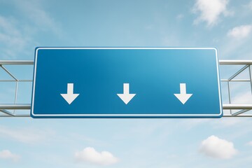 Poster - Blue highway sign with three white down arrows on metal frame against a clear sky, ideal for transport or direction concept and branding mockup.