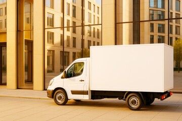 Poster - White delivery van with blank side parked in front of modern glass office building at sunset, ideal for branding or advertising mockup concepts.
