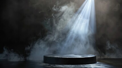 Wall Mural - spotlight burst ray with smoke and round podium for product presentation mockup