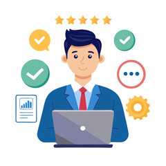 Aufkleber - Quality assurance concept Efficiency guarantee development reliability standard feedback satisfaction and service Businessman using laptop with quality assurance icons modern flat design simple