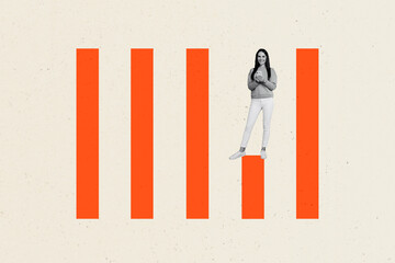 Aufkleber - Banner template collage of person use smartphone in column graphs over pastel red background