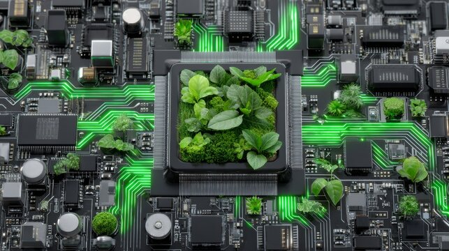 Sustainable eco-technology and digital art intertwined with nature to create an abstract green circuit