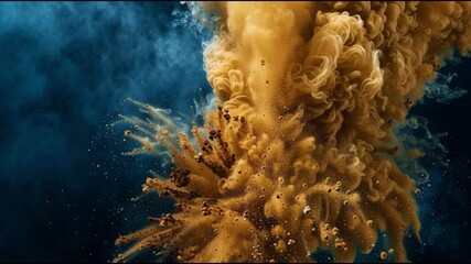 Poster - Dramatic explosion of brown and gold smoke creates captivating abstract texture against dark blue background, evoking energy and movement.