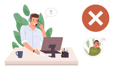 Poster - Young man with headset working at computer, responding to calls. Call restrictions indicated by a large red cross and additional figure signaling 24-hour availability. Ideal for support