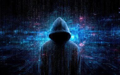 Poster - A silhouetted figure in a hooded cloak emerges amidst a swirling digital landscape filled with streams of binary code, representing the intersection of humanity and technology.