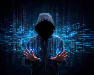 Poster - A mysterious figure in a hoodie interacts with a digital world, symbolizing the interface between humanity and technology amidst flowing streams of binary code and vibrant blue light.