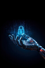 Poster - A robotic hand holds a glowing digital lock, symbolizing the integration of artificial intelligence and cybersecurity in a futuristic landscape surrounded by binary code.