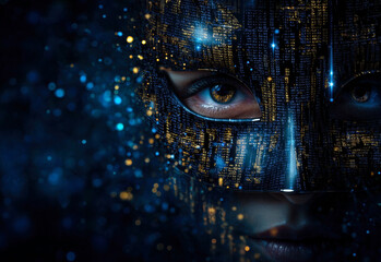 Poster - A captivating blend of human and digital elements, showcasing a masked figure with eyes bursting with intrigue and mystery amidst a backdrop of shimmering data streams.