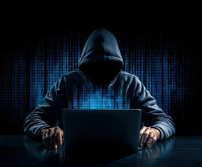 Poster - A shadowy figure in a hoodie sits before a laptop, surrounded by streams of binary code, representing the ominous world of hacking and cyber threats in the digital age.