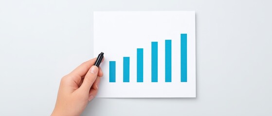 Poster - Hand Holding Pen Pointing at Graph Chart with Increasing Blue Bars Signifying Growth and Progress on White Background for Business and Data Analysis