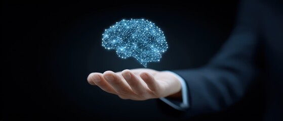 Aufkleber - Hand holding a digital glowing brain illustration representing artificial ligence technology innovation and futuristic scientific advancements