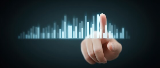 Aufkleber - Close up of hand touching futuristic digital interface with glowing data visualization and sound wave patterns on dark background for technology and innovation concept