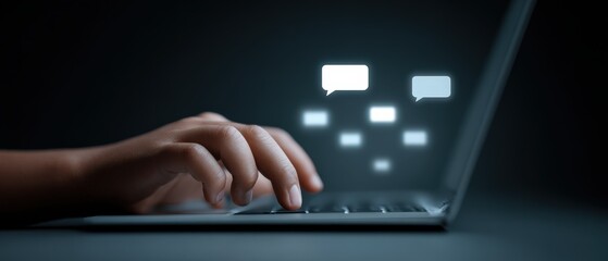Aufkleber - Close-up of a person's hand typing on a laptop keyboard with digital chat icons floating above, symbolizing online communication, messaging, and internet technology