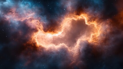 Wall Mural - This striking cosmic image displays vibrant clouds swirling in deep space, illuminated by fiery colors, capturing the beauty and mystery of the universe and evoking feelings of wonder.
