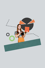Aufkleber - Exclusive image vertical photo collage of happy businesswoman surf laptop diagram icon development career growth concept promotion