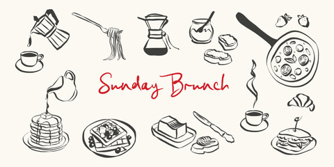 Aufkleber - Whimsical brunch doodles. Quirky icons of Italian food in simple crayon and sketch style. Trendy art for menus and dinner brunch invitations. La dolce vita vector illustration