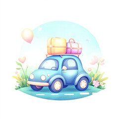  A cute blue car with luggage on its roof drives along a road surrounded by flowers, balloons, and hearts, evoking a cheerful travel vibe.