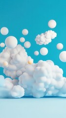 Poster - on render of white clouds and spheres floating 3d a light blue background, creating a dreamy and surreal atmosphere