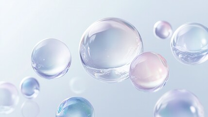 Poster - Colorful drifting bubbles suspended, effect across soft blue backdrop, generating whimsical, luminous visual soap