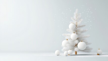 Aufkleber - White christmas tree decorated with white and gold ornaments, snowflakes falling gently on a light blue background, creating a minimalist festive scene