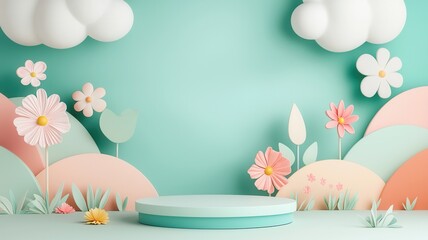Poster - Pastel podium decorated with cartoon flowers presenting and clouds, fluffy cheerful springtime illustration