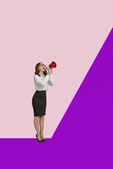 Poster - Vertical 3d poster art photo collage of happy businesswoman businessman stand geometric figure development career progress