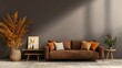© svastix - A modern living room featuring a stylish brown sofa adorned with pillows, complemented by vibrant dry plants and a minimalistic aesthetic is depicted in soft, warm tones.
