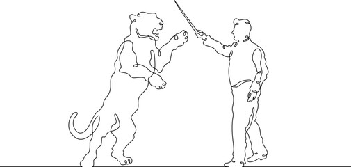 Poster - Continuous one line drawing animal trainer. Circus. Tiger training. Animals in the circus. Animal tamer.One continuous line isolated minimal illustration.Not AI.