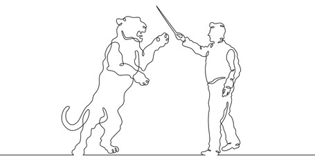 Poster - Continuous one line drawing animal trainer. Circus. Tiger training. Animals in the circus. Animal tamer.One continuous line isolated minimal illustration.Not AI.