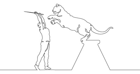 Poster - Continuous one line drawing animal trainer. Circus. Tiger training. Animals in the circus. Animal tamer.One continuous line isolated minimal illustration.Not AI.