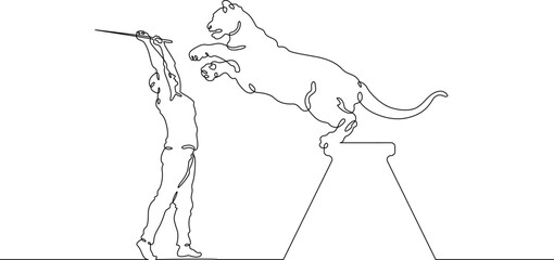 Poster - Continuous one line drawing animal trainer. Circus. Tiger training. Animals in the circus. Animal tamer.One continuous line isolated minimal illustration.Not AI.