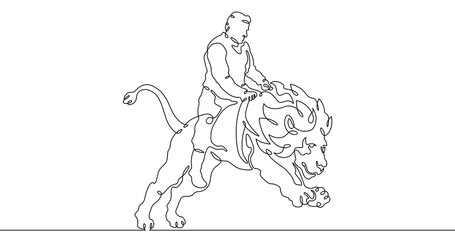 Poster - Continuous one line drawing animal trainer. Circus. Tiger training. Animals in the circus. Animal tamer.One continuous line isolated minimal illustration.Not AI.