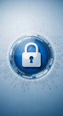Poster - Blue circular graphic with white padlock, symbolizing digital security and data protection, suitable for technology or cybersecurity concepts