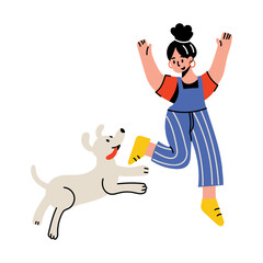 Canvas Print - a flat style illustration showing a dog playing with a person