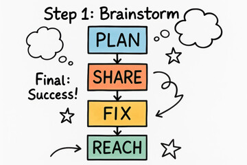 Poster - This conceptual diagram visualizes the process developing an idea by organizing plans sharing insights fixing issues and reaching goals for business success
