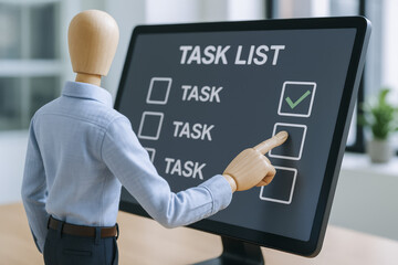 Poster - Completion and progress are demonstrated as a wooden mannequin interacts with a digital checklist symbolizing task management and organizational efficiency in business
